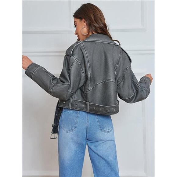 Gray Faux Leather Oversized Cropped Jacket Belted Biker Moto Jacket Coat Zip Up - Picture 6 of 8